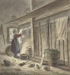 Angolo di una stalla con una ragazza che appende un panno (1772) di Christina Chalon